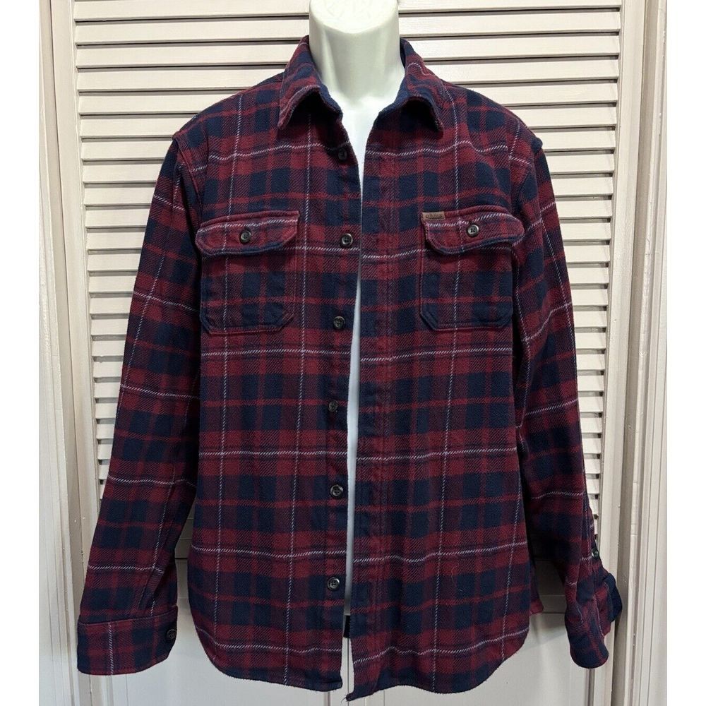 Orvis Plaid Navy/Burgundy Flannel Heavyweight Jacket Size Large‎ Pockets Logo